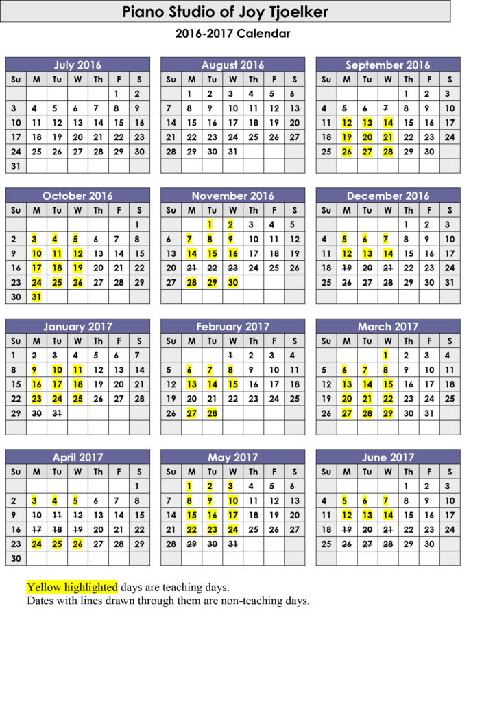 2016-17 School Calendar - Calendarlabs.com - Piano Studio