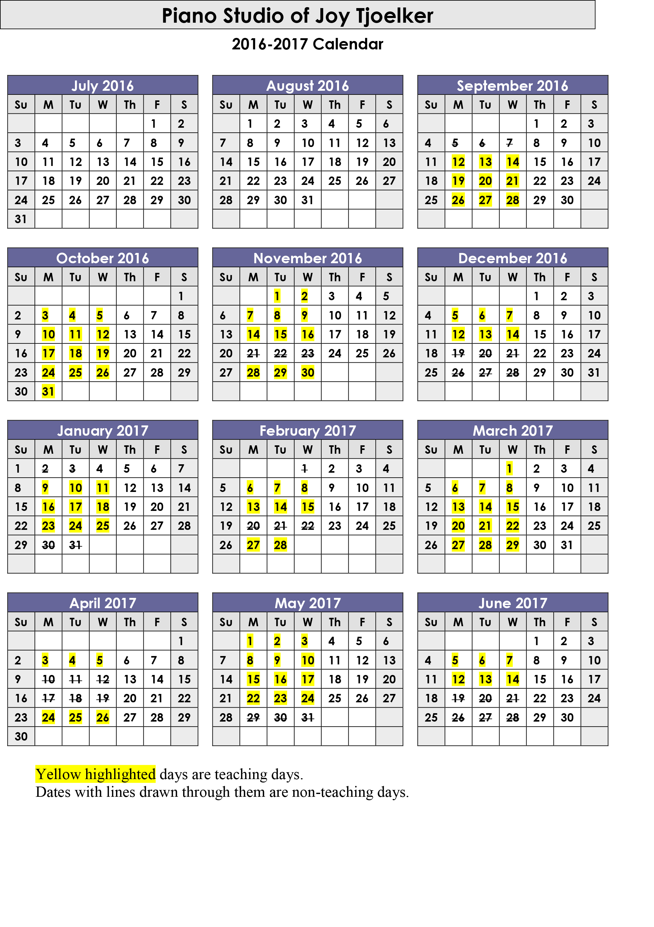 2016-17 School Calendar - CalendarLabs.com - Piano Studio