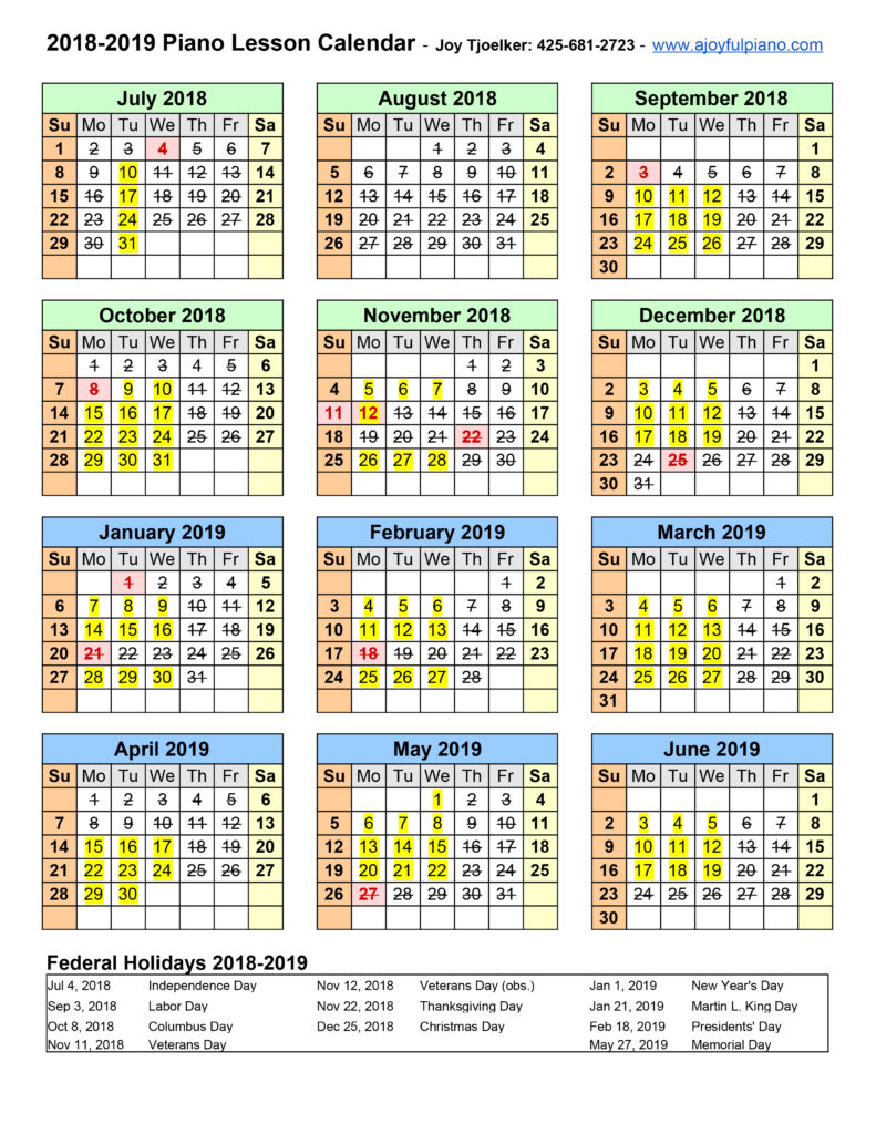 2018-2019 Piano Lesson Calendar - Piano Studio